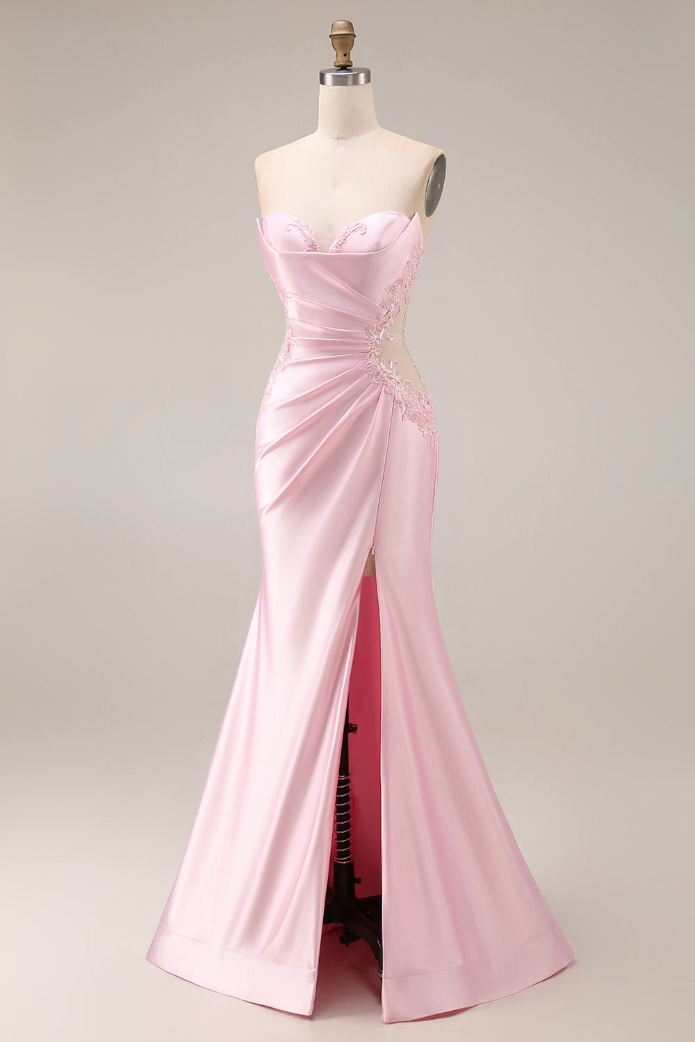 Pink Satin Mermaid Ruched Long Prom Dress with Slit