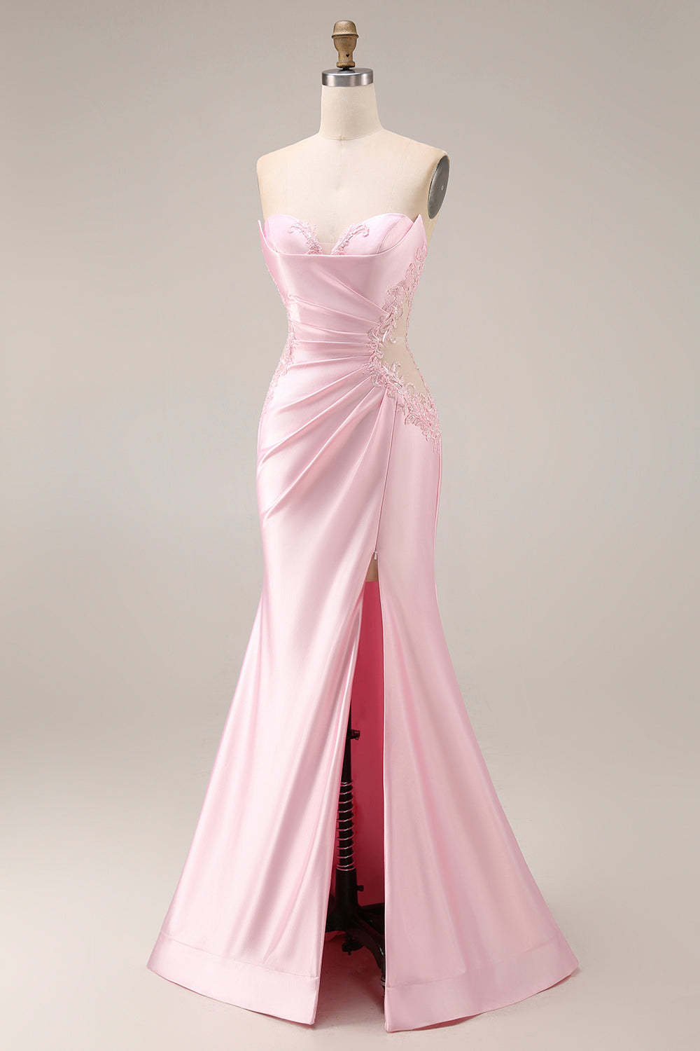 Pink Satin Mermaid Ruched Long Prom Dress with Slit