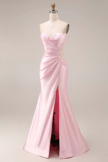 Pink Satin Mermaid Ruched Long Prom Dress with Slit