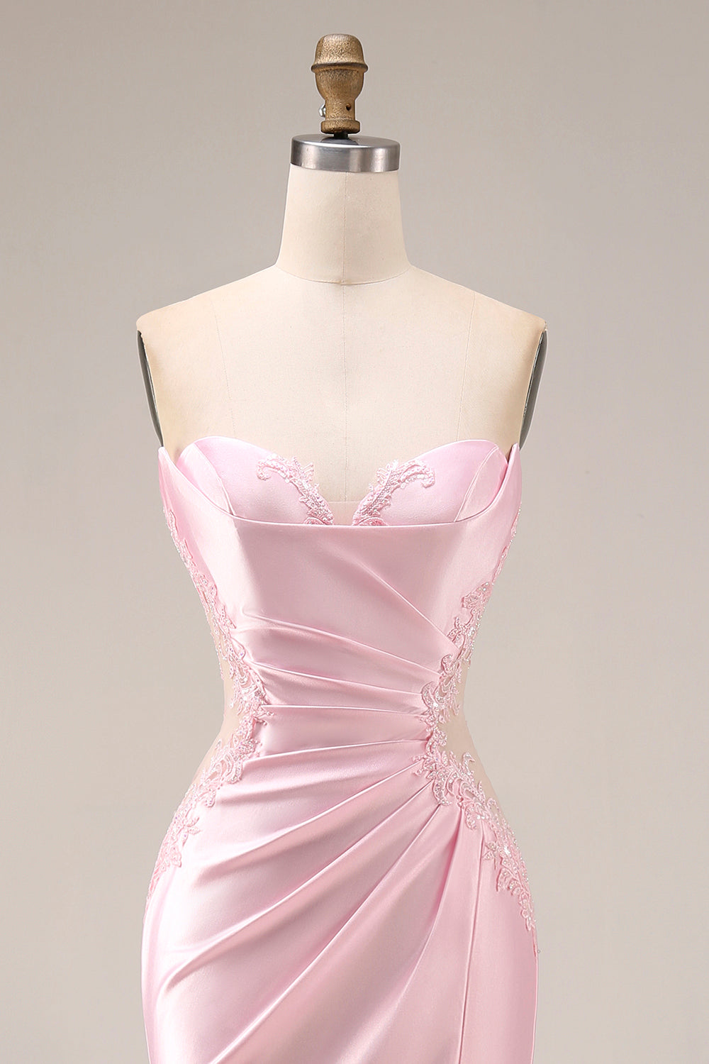 Pink Satin Mermaid Ruched Long Prom Dress with Slit