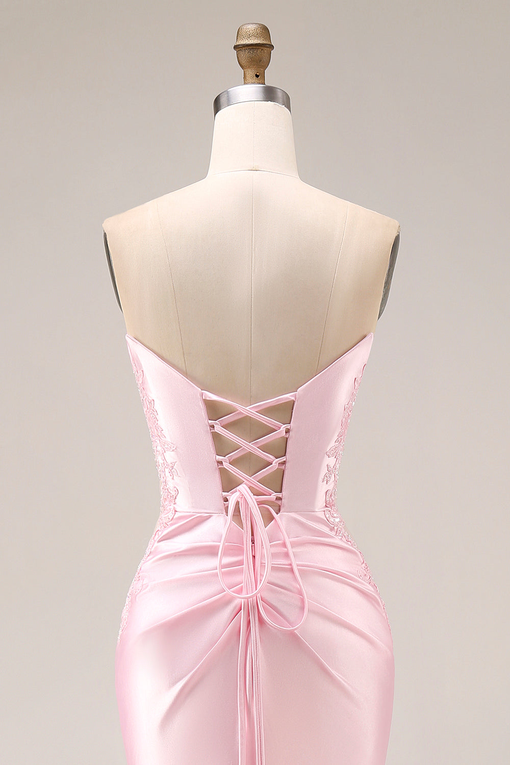 Pink Satin Mermaid Ruched Long Prom Dress with Slit