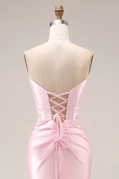 Pink Satin Mermaid Ruched Long Prom Dress with Slit