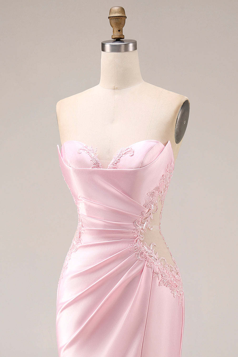 Pink Satin Mermaid Ruched Long Prom Dress with Slit