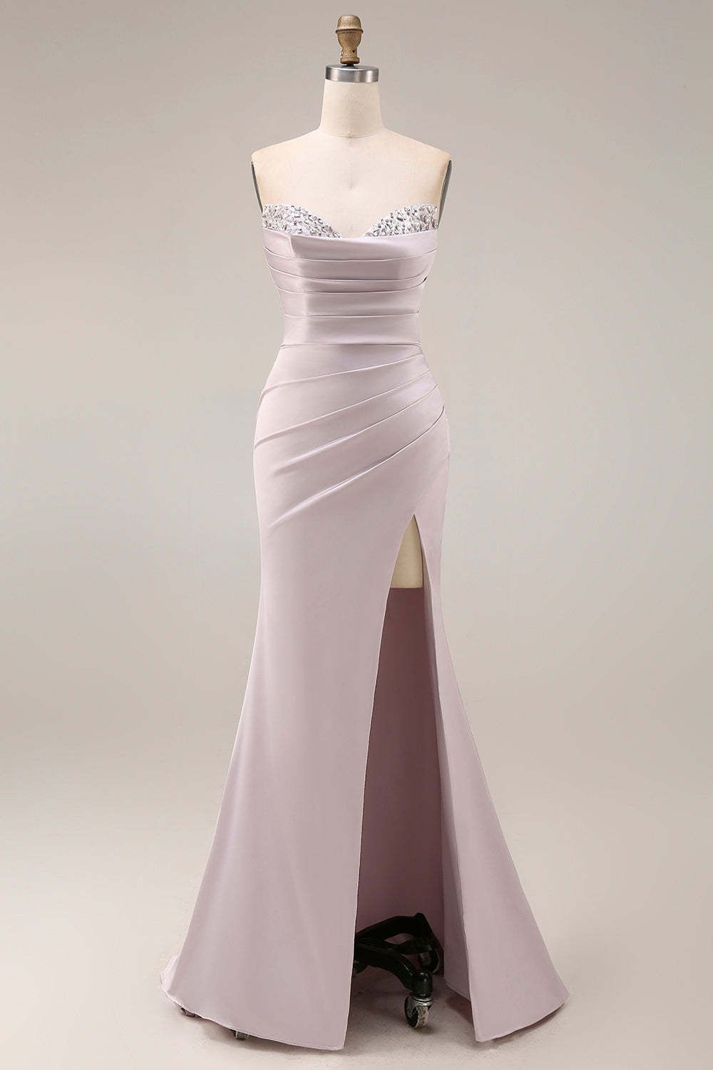 Leely Women Mermaid Ruched Sweetheart Light Purple Long Prom Dress with Slit Backless Sleeveless Wedding Guest Dress