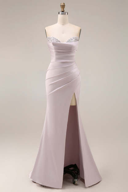 Leely Women Mermaid Ruched Sweetheart Light Purple Long Prom Dress with Slit Backless Sleeveless Wedding Guest Dress
