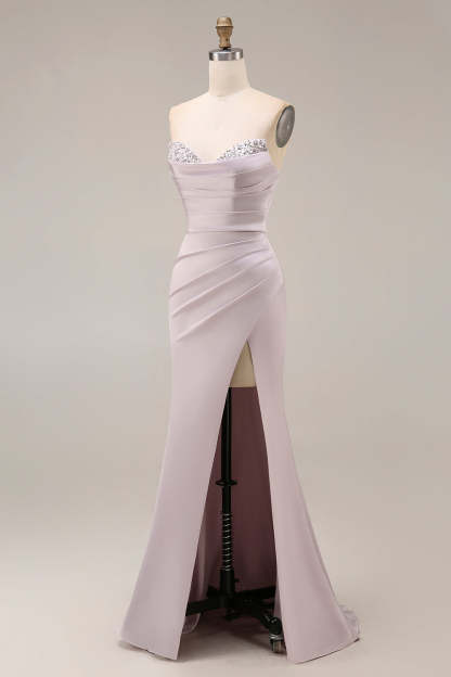 Mermaid Ruched Sweetheart Light Purple Long Prom Dress with Slit