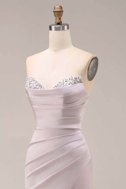 Mermaid Ruched Sweetheart Light Purple Long Prom Dress with Slit
