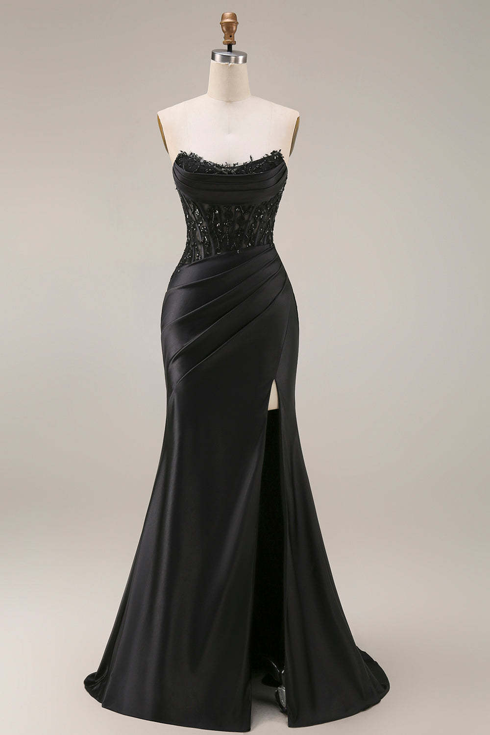 Leely Women Black Lace Sweetheart Long Prom Dress with Slit Mermaid Backless Sleeveless Wedding Guest Dress