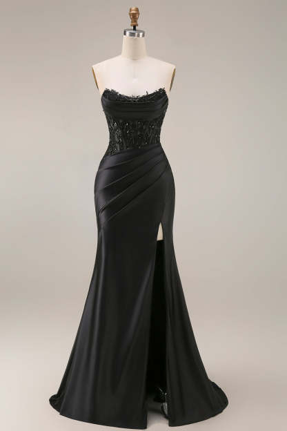 Leely Women Black Lace Sweetheart Long Prom Dress with Slit Mermaid Backless Sleeveless Wedding Guest Dress