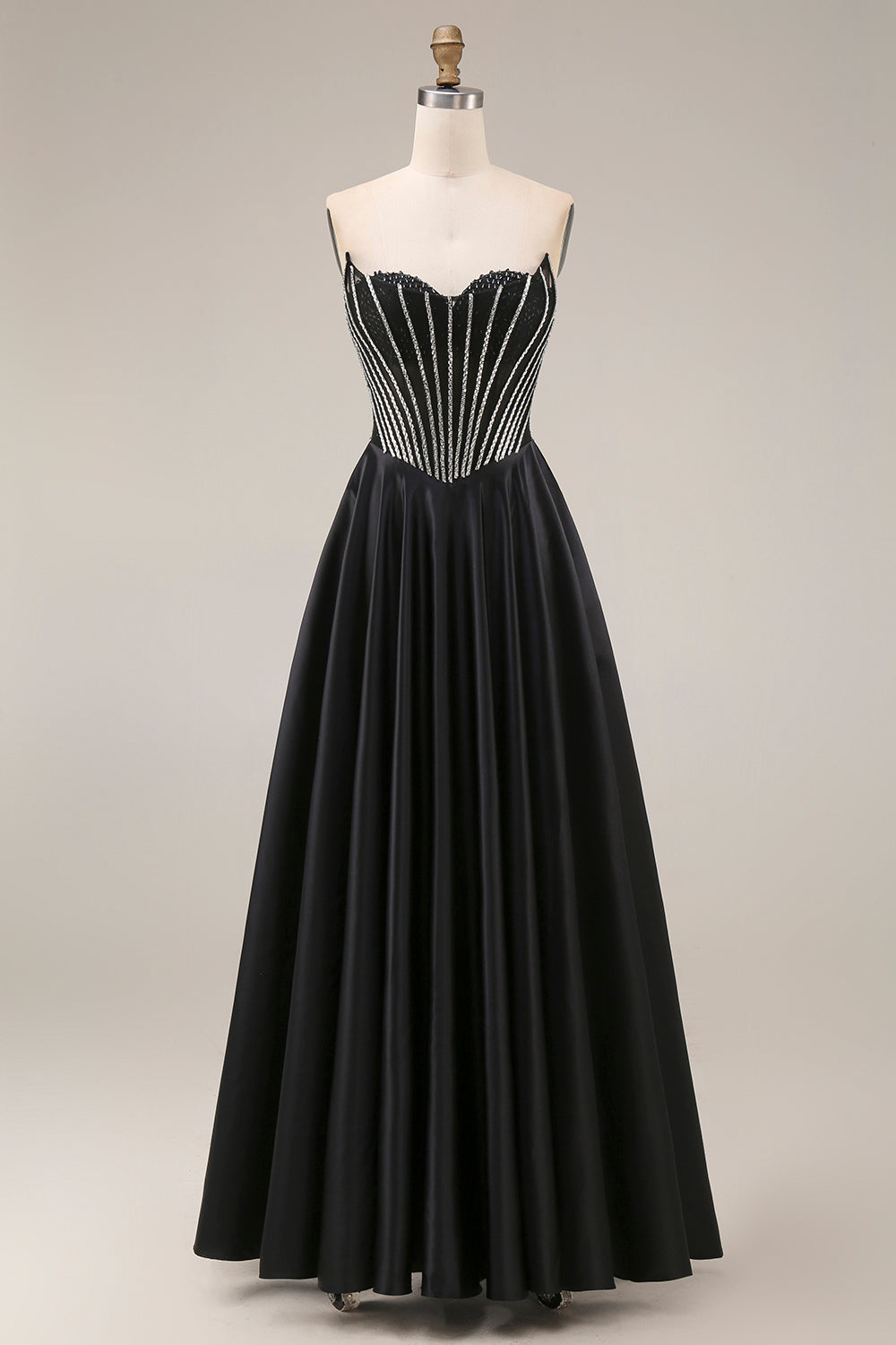 Leely Women A Line Black Corset Pleated Long Prom Dress Sweetheart Backless Sleeveless Wedding Guest Dress