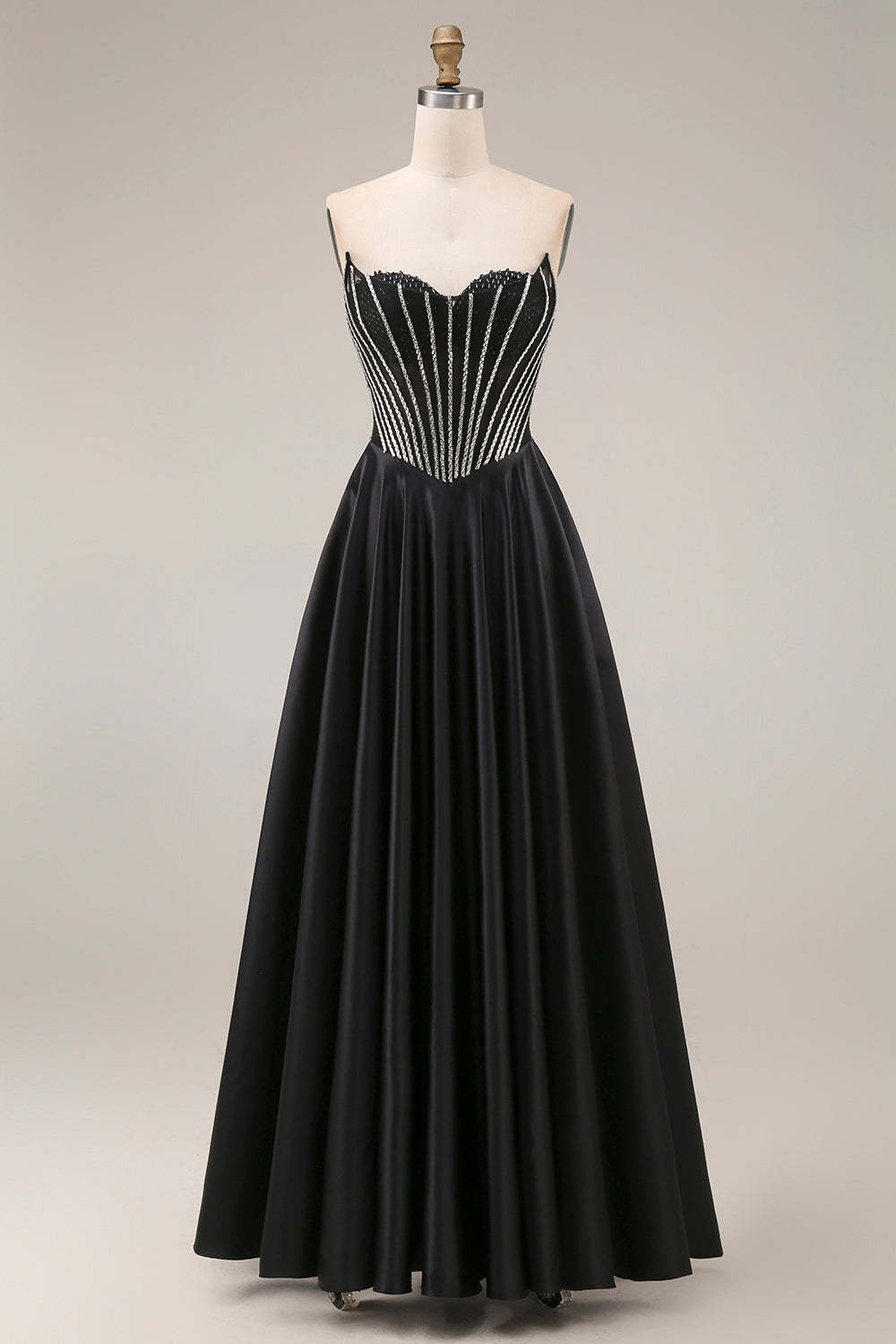 Leely Women A Line Black Corset Pleated Long Prom Dress Sweetheart Backless Sleeveless Wedding Guest Dress