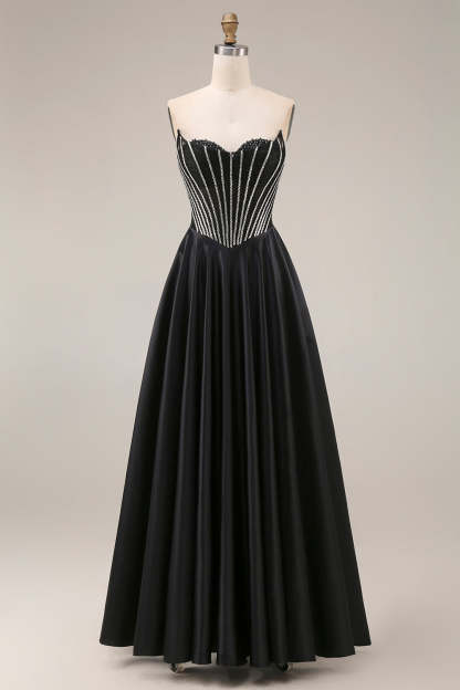 Leely Women A Line Black Corset Pleated Long Prom Dress Sweetheart Backless Sleeveless Wedding Guest Dress