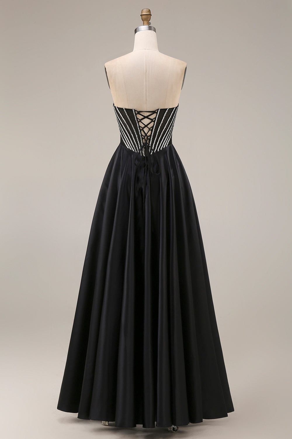 A Line Black Corset Pleated Long Prom Dress