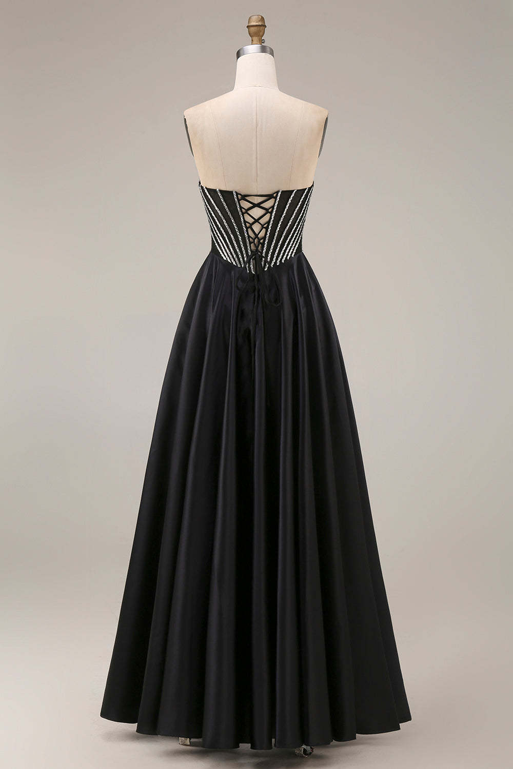 A Line Black Corset Pleated Long Prom Dress
