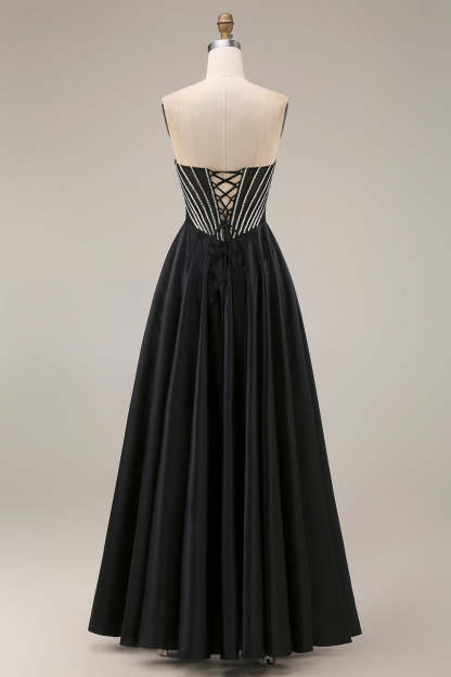 A Line Black Corset Pleated Long Prom Dress