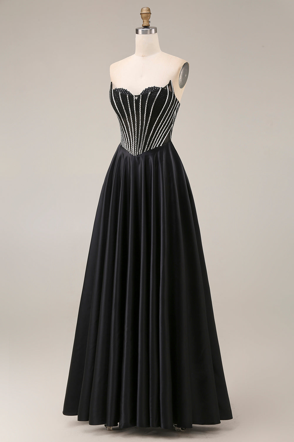 A Line Black Corset Pleated Long Prom Dress