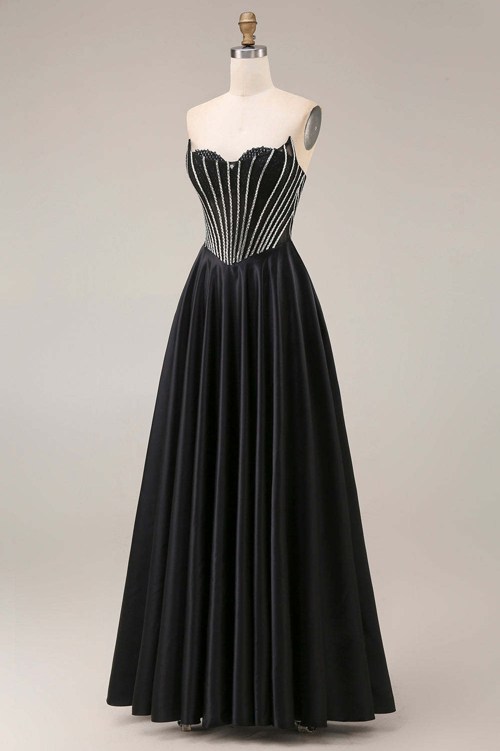 A Line Black Corset Pleated Long Prom Dress