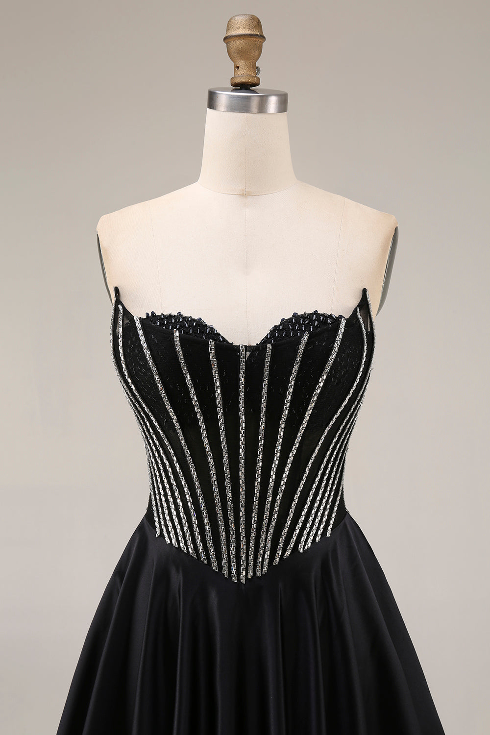 A Line Black Corset Pleated Long Prom Dress