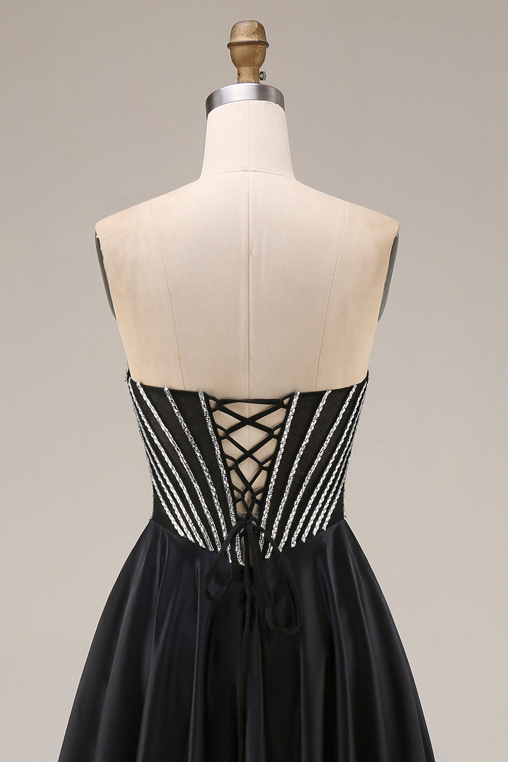 A Line Black Corset Pleated Long Prom Dress