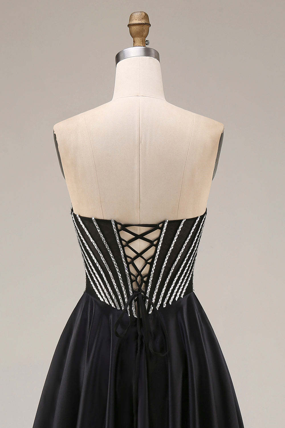 A Line Black Corset Pleated Long Prom Dress