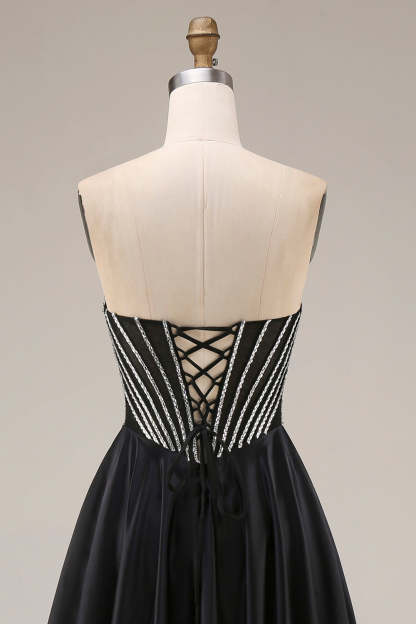 A Line Black Corset Pleated Long Prom Dress