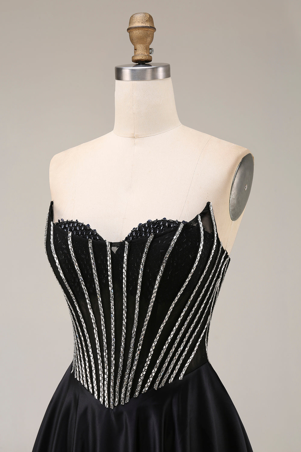 A Line Black Corset Pleated Long Prom Dress