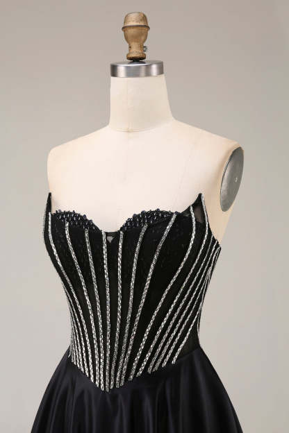 A Line Black Corset Pleated Long Prom Dress