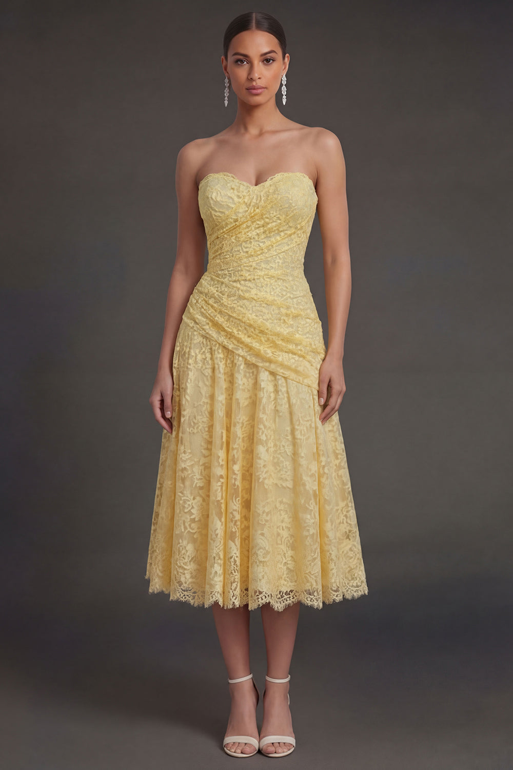 Leely Women Lace Yellow Floral Sweetheart Midi Wedding Guest Dress A Line Backless Sleeveless Evening Dress