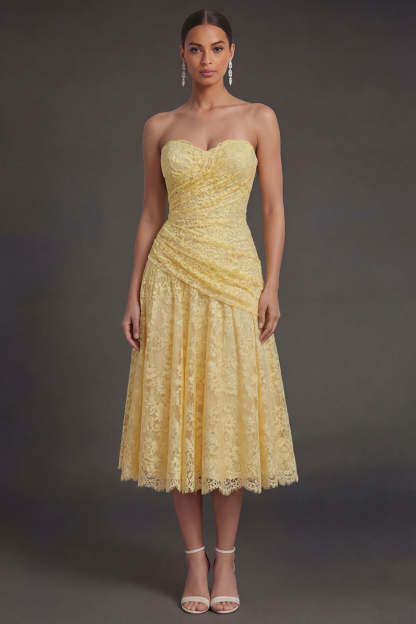 Leely Women Lace Yellow Floral Sweetheart Midi Wedding Guest Dress A Line Backless Sleeveless Evening Dress