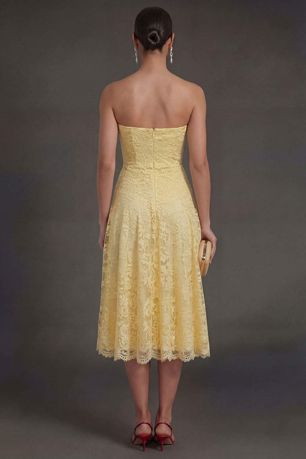 Lace Yellow Floral Sweetheart A Line Midi Wedding Guest Dress