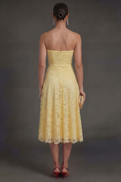 Lace Yellow Floral Sweetheart A Line Midi Wedding Guest Dress