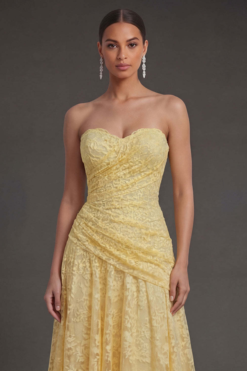 Lace Yellow Floral Sweetheart A Line Midi Wedding Guest Dress