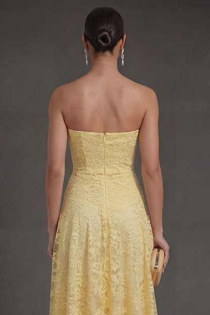 Lace Yellow Floral Sweetheart A Line Midi Wedding Guest Dress