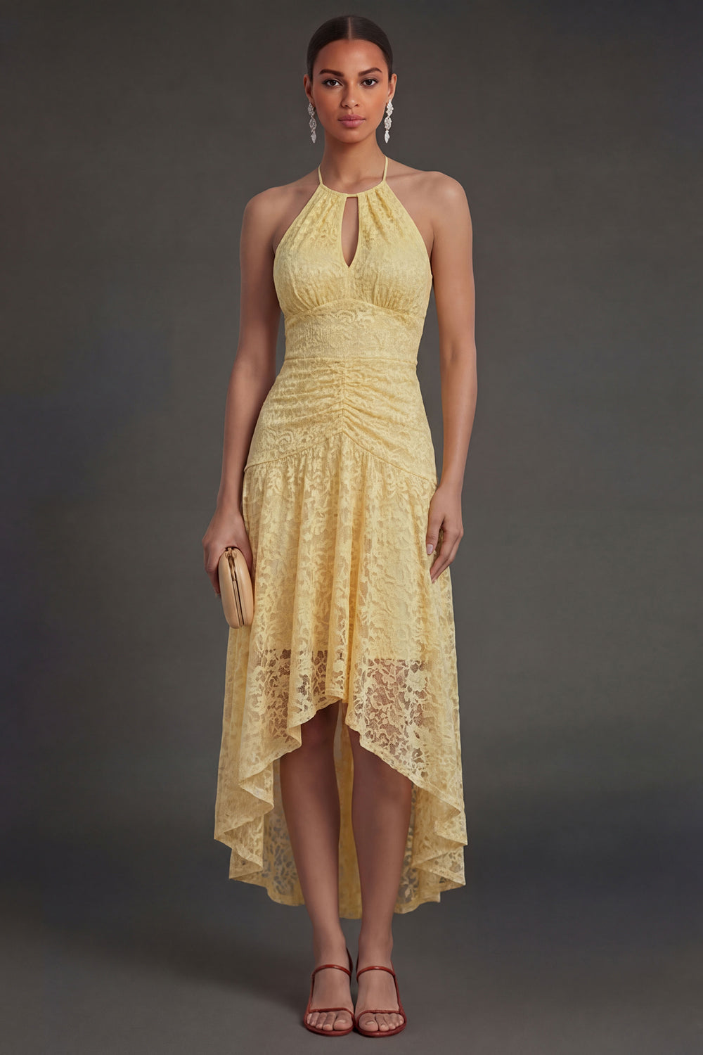 Leely Women Yellow A Line Lace Floral High Low Wedding Guest Dress Halter Neck Backless Formal Dress