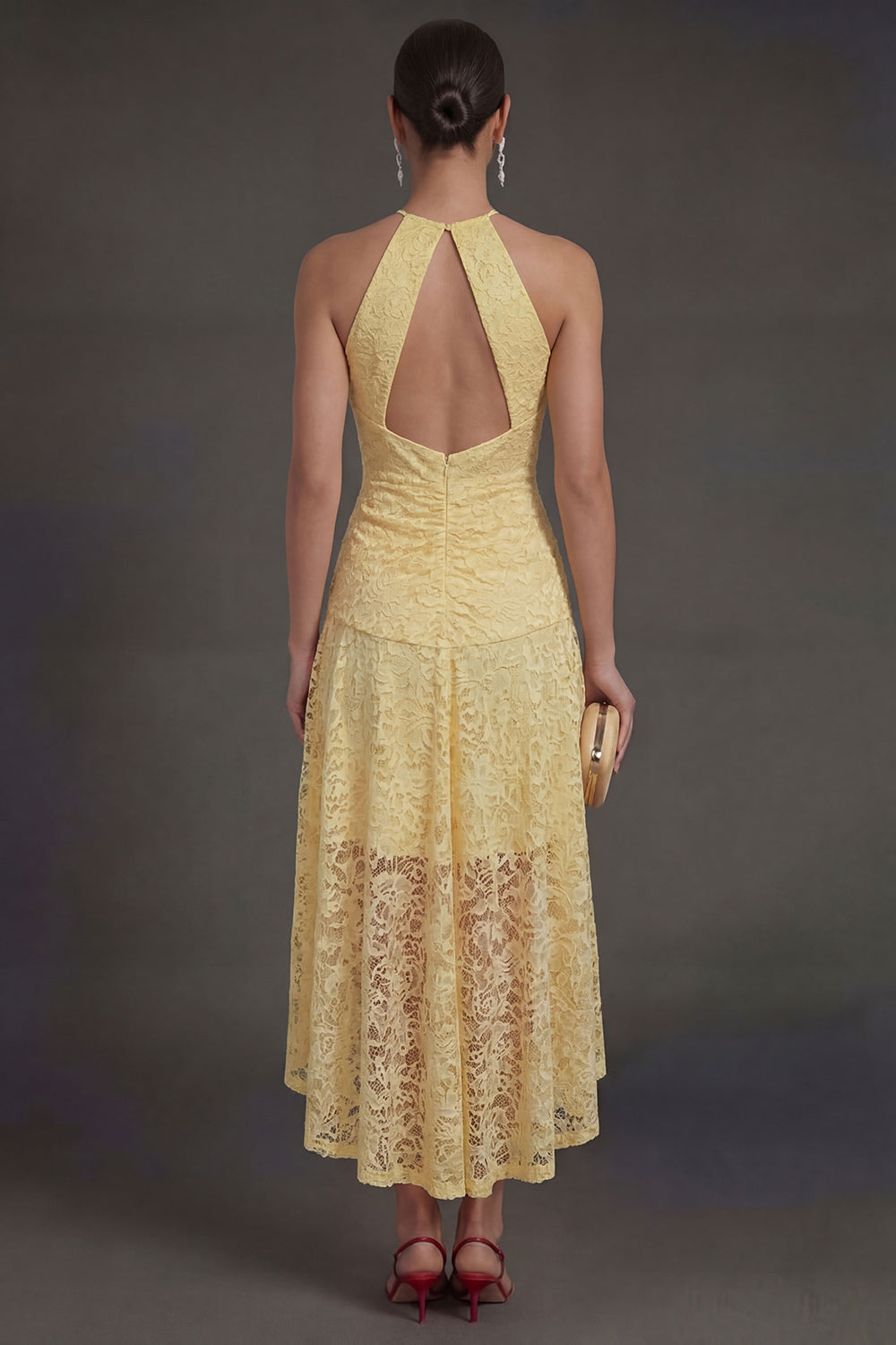 Yellow Halter Neck A Line Lace Floral High Low Wedding Guest Dress