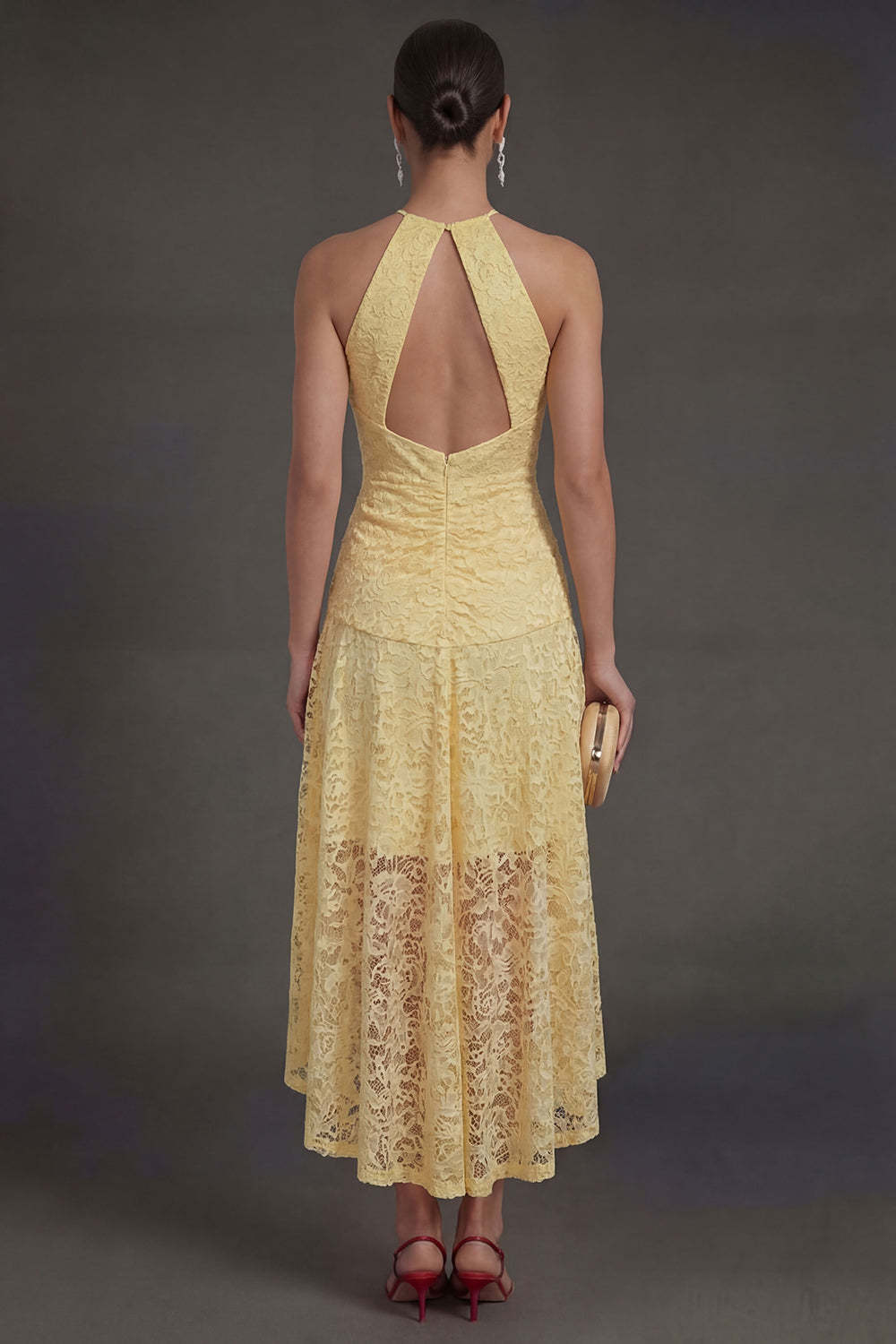 Yellow Halter Neck A Line Lace Floral High Low Wedding Guest Dress