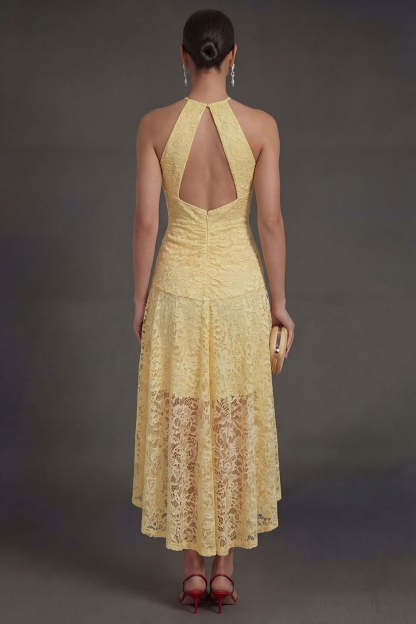 Yellow Halter Neck A Line Lace Floral High Low Wedding Guest Dress