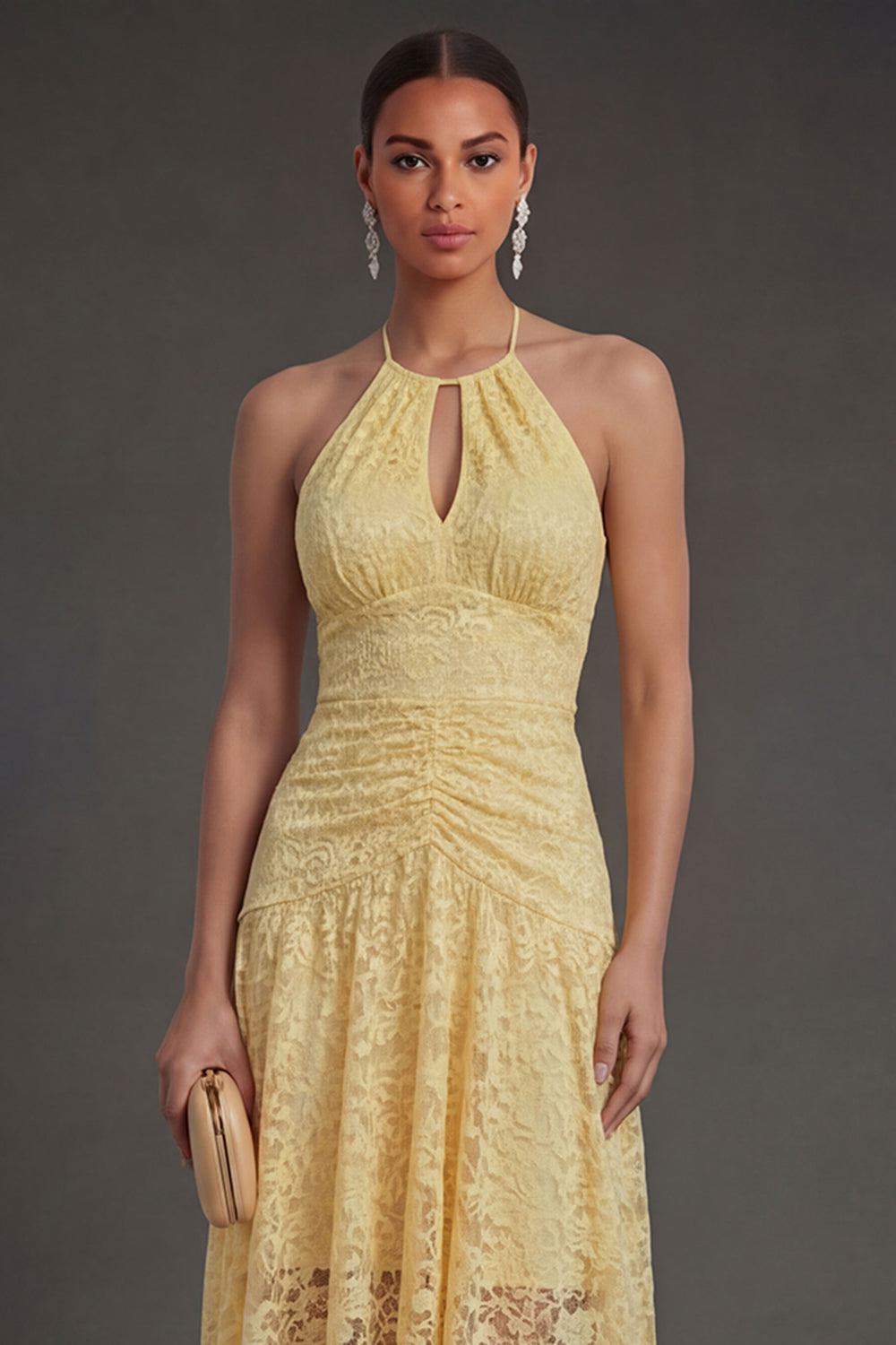 Yellow Halter Neck A Line Lace Floral High Low Wedding Guest Dress
