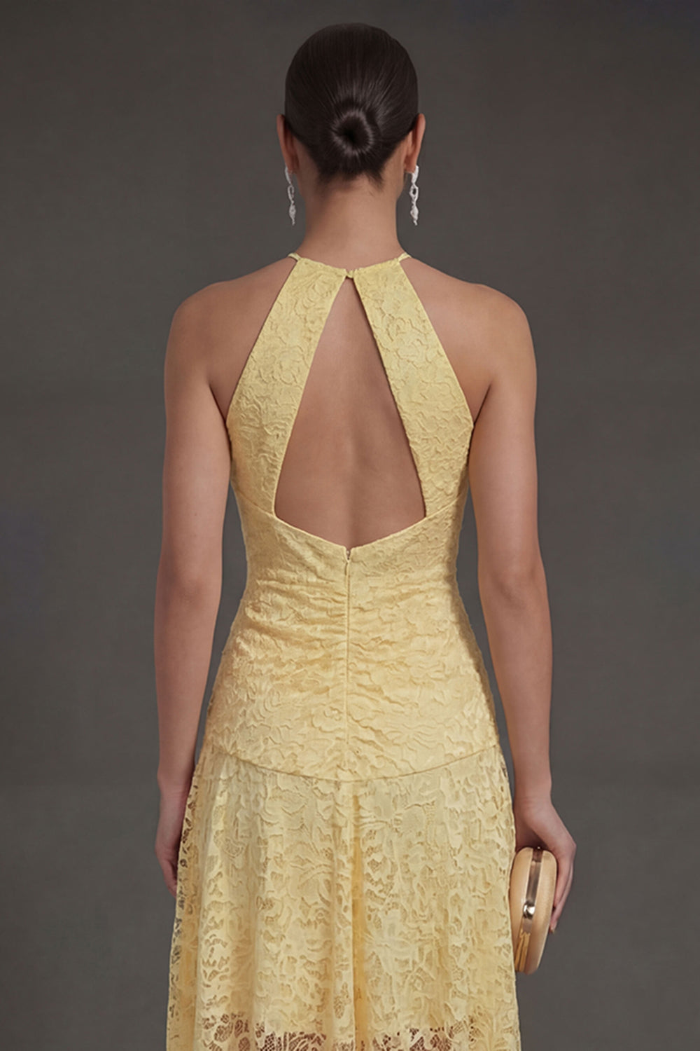 Yellow Halter Neck A Line Lace Floral High Low Wedding Guest Dress