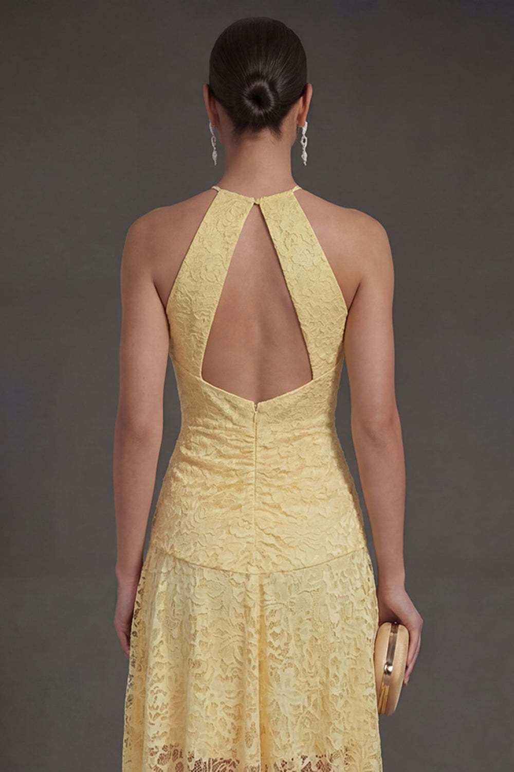 Yellow Halter Neck A Line Lace Floral High Low Wedding Guest Dress