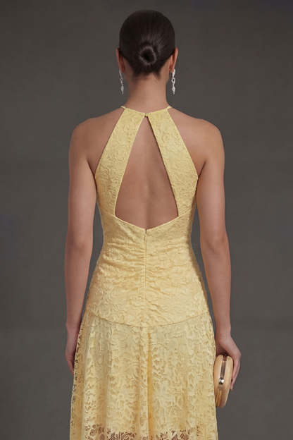 Yellow Halter Neck A Line Lace Floral High Low Wedding Guest Dress