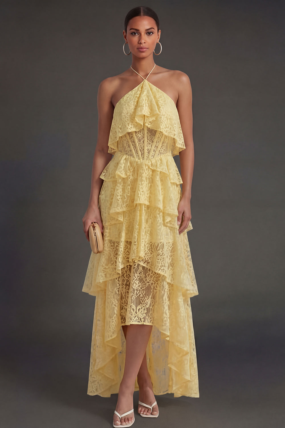 Halter Neck Corset Ruffled Yellow High Low Wedding Guest Dress