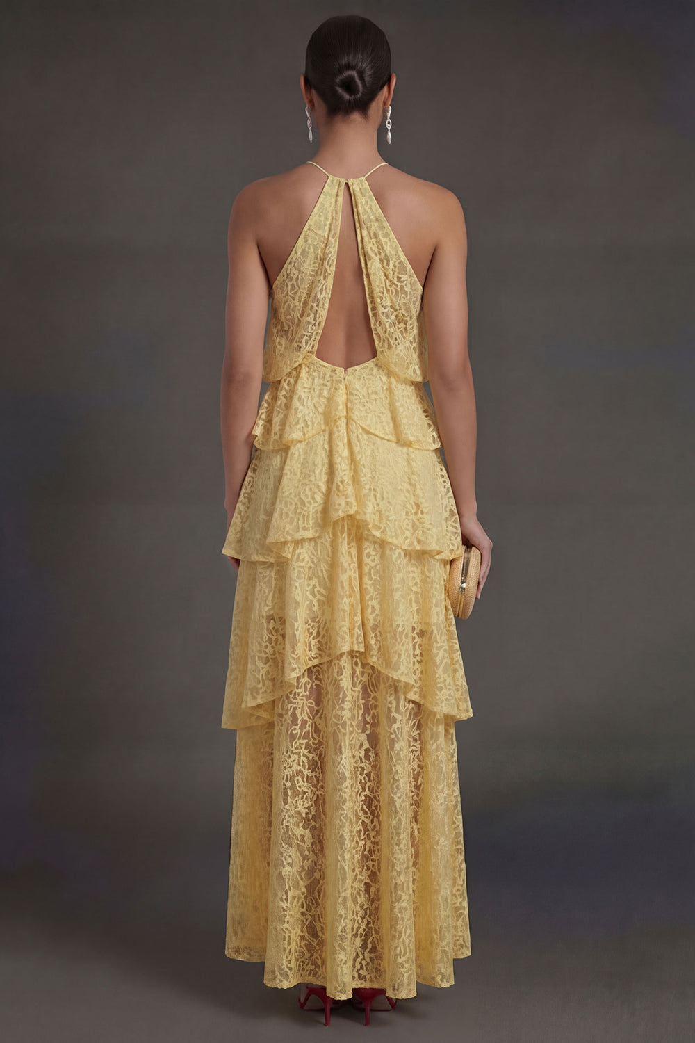 Halter Neck Corset Ruffled Yellow High Low Wedding Guest Dress