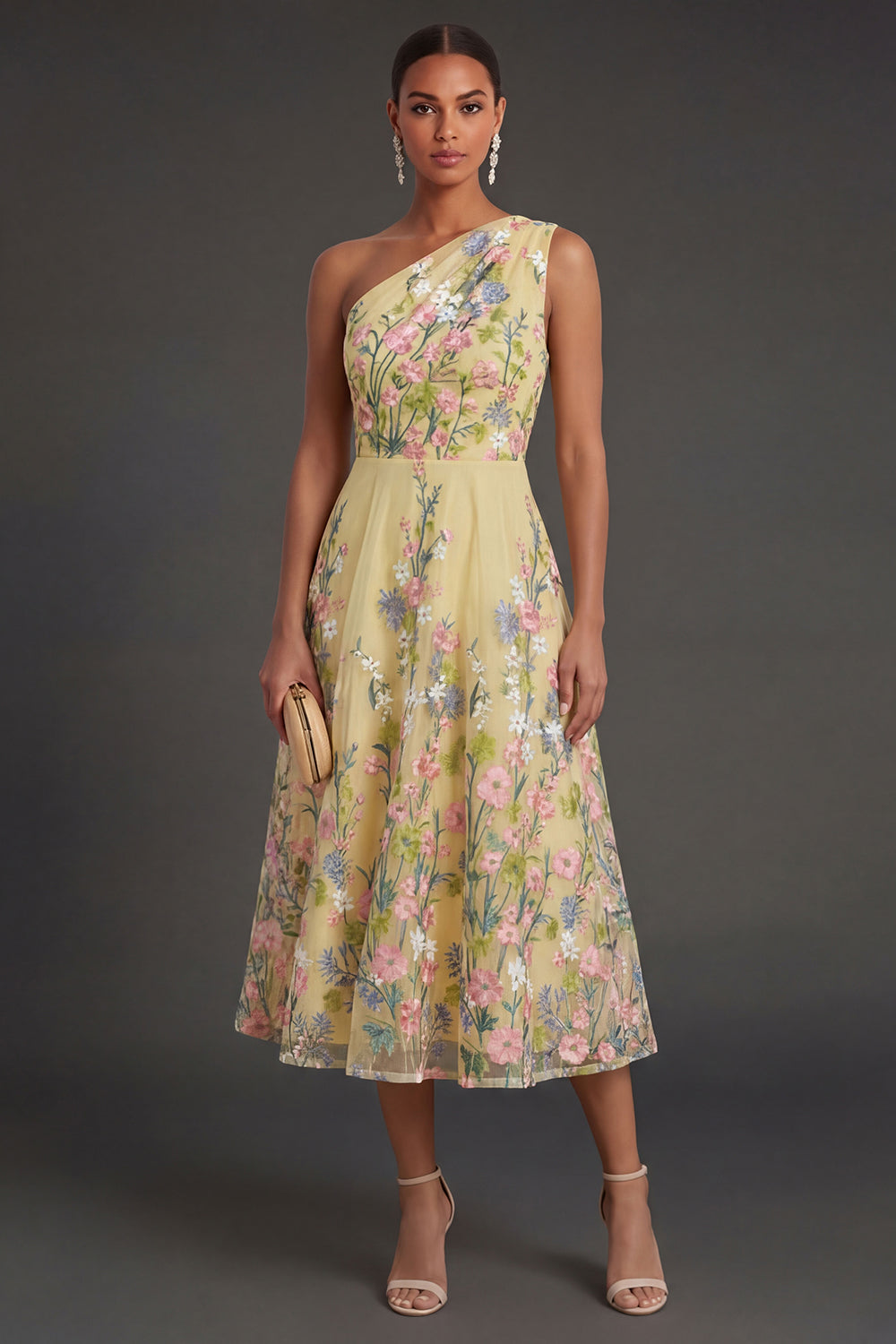 Leely Women Yellow A Line Floral Midi Wedding Guest Dress One Shoulder Backless Sleeveless Garden Party Dress