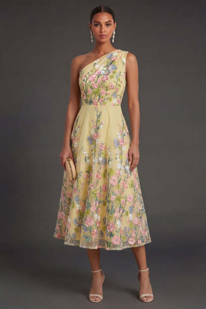 Leely Women Yellow A Line Floral Midi Wedding Guest Dress One Shoulder Backless Sleeveless Garden Party Dress