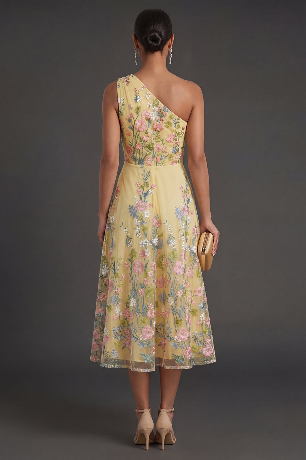 Yellow A Line Floral Midi Wedding Guest Dress