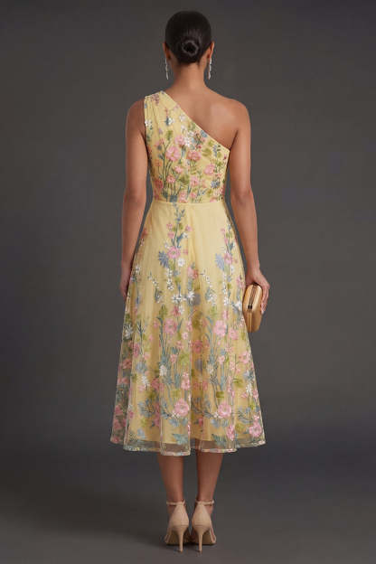 Yellow A Line Floral Midi Wedding Guest Dress