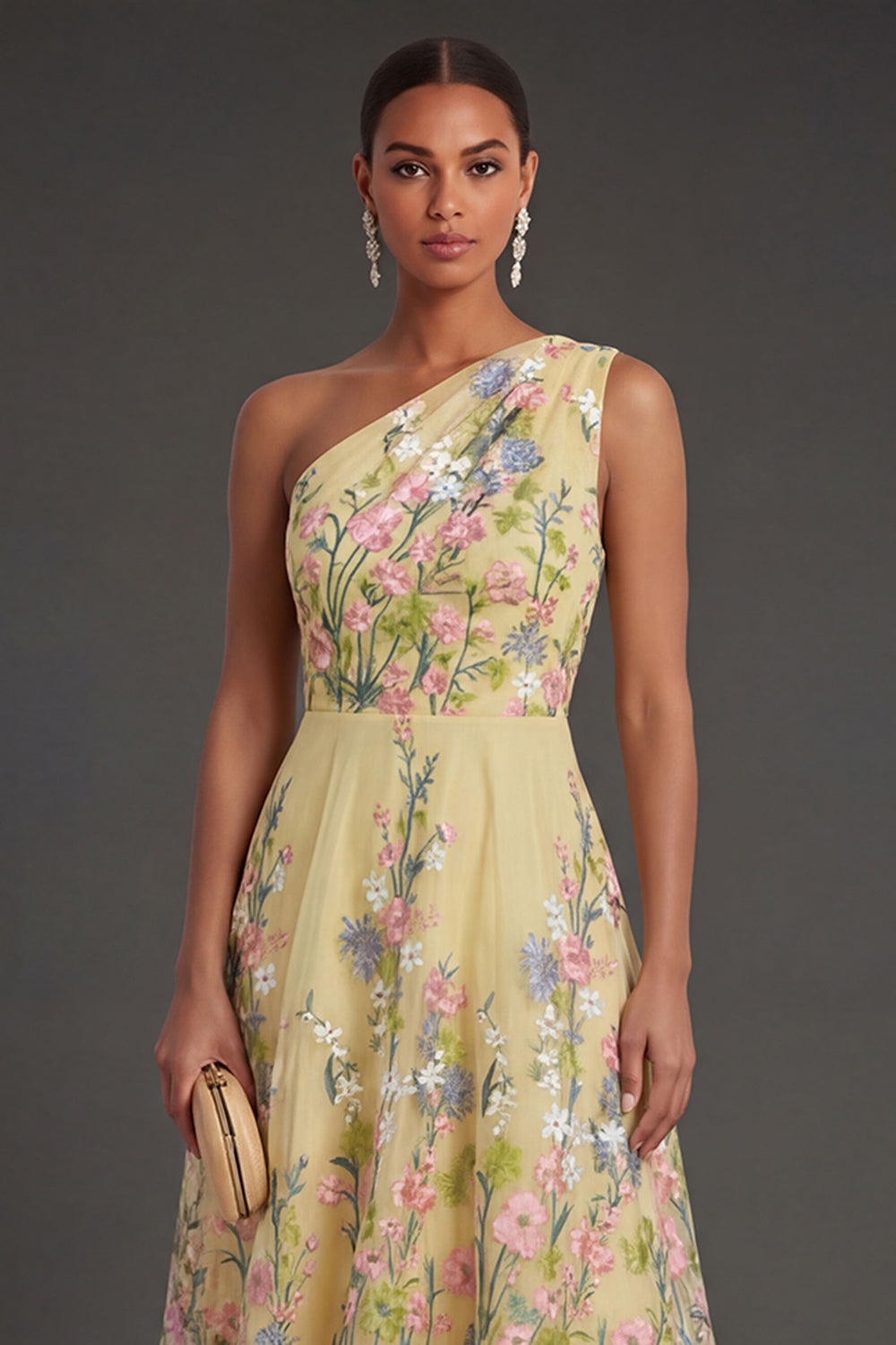 Yellow A Line Floral Midi Wedding Guest Dress