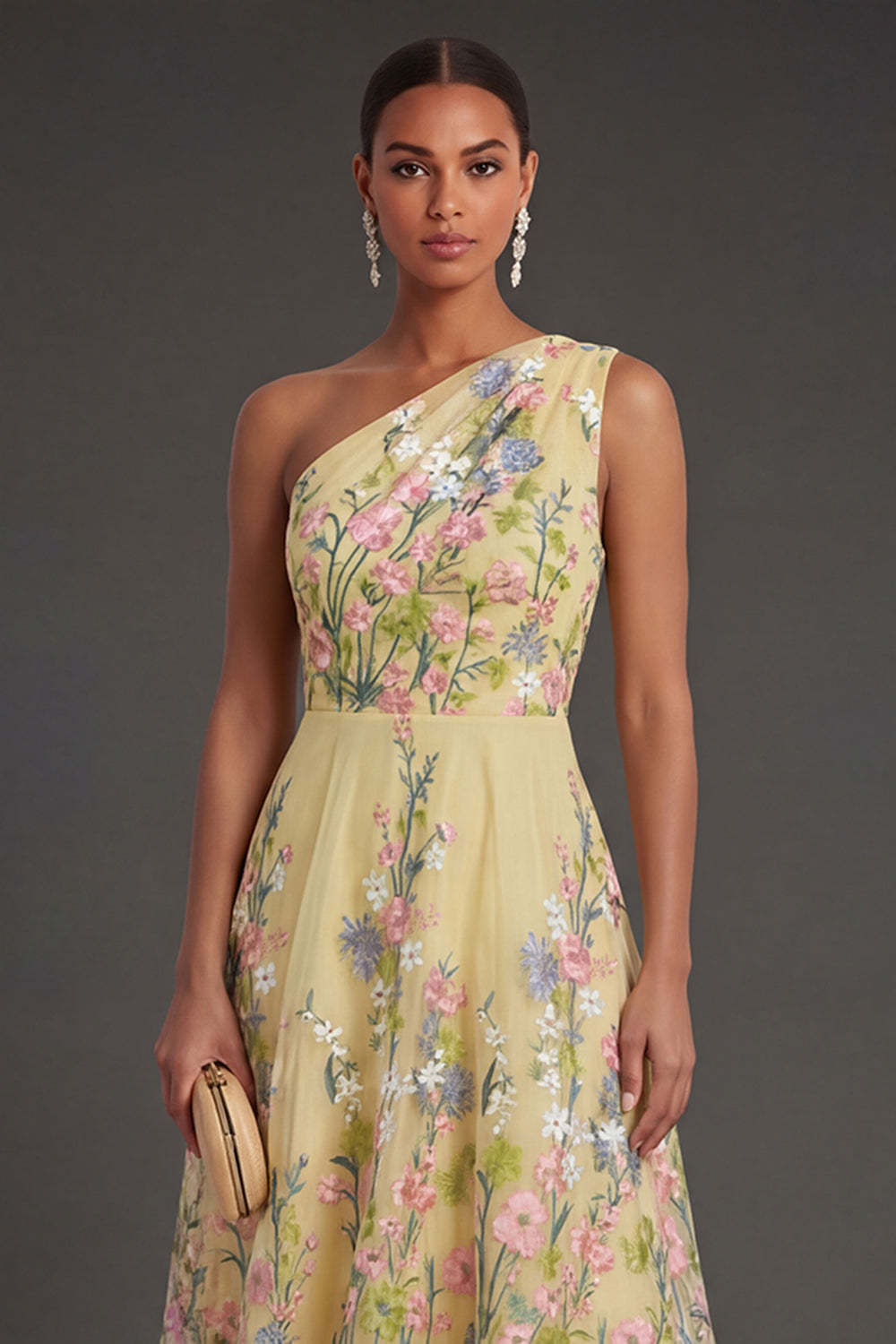 Yellow A Line Floral Midi Wedding Guest Dress