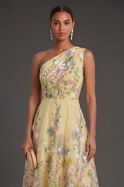Yellow A Line Floral Midi Wedding Guest Dress